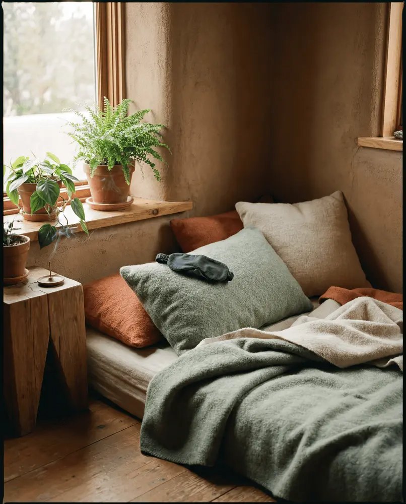 A calm journey space with soft blankets, cushions, and plants in warm light