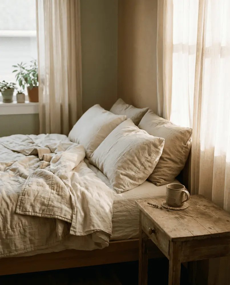 A sunlit bedroom corner with soft linen bedding